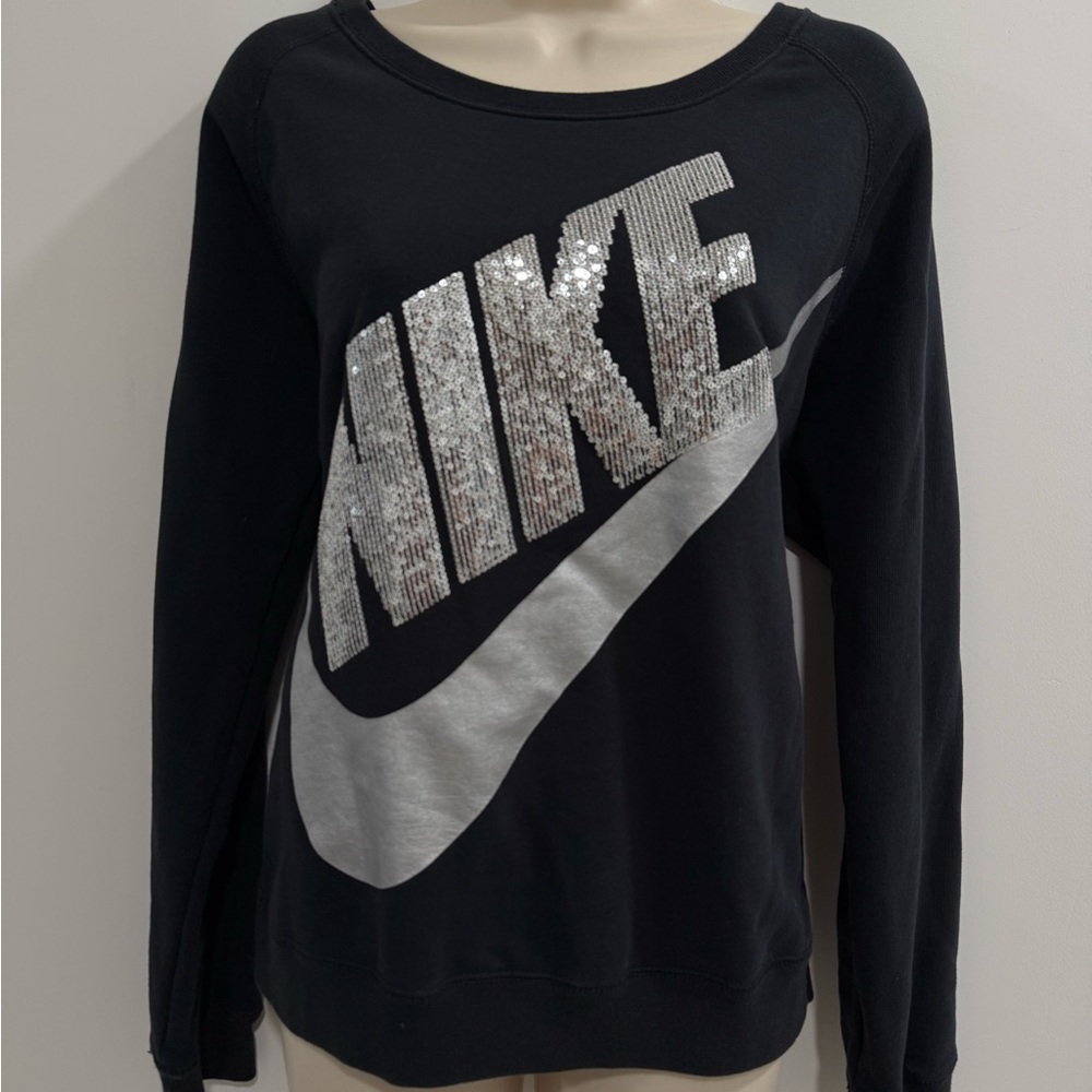 Nike Women's Black Sweatshirt with Silver Sequin Logo